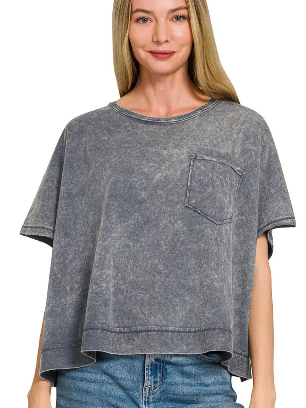 Washed Gray Short Sleeve Pocket Tee - Women
